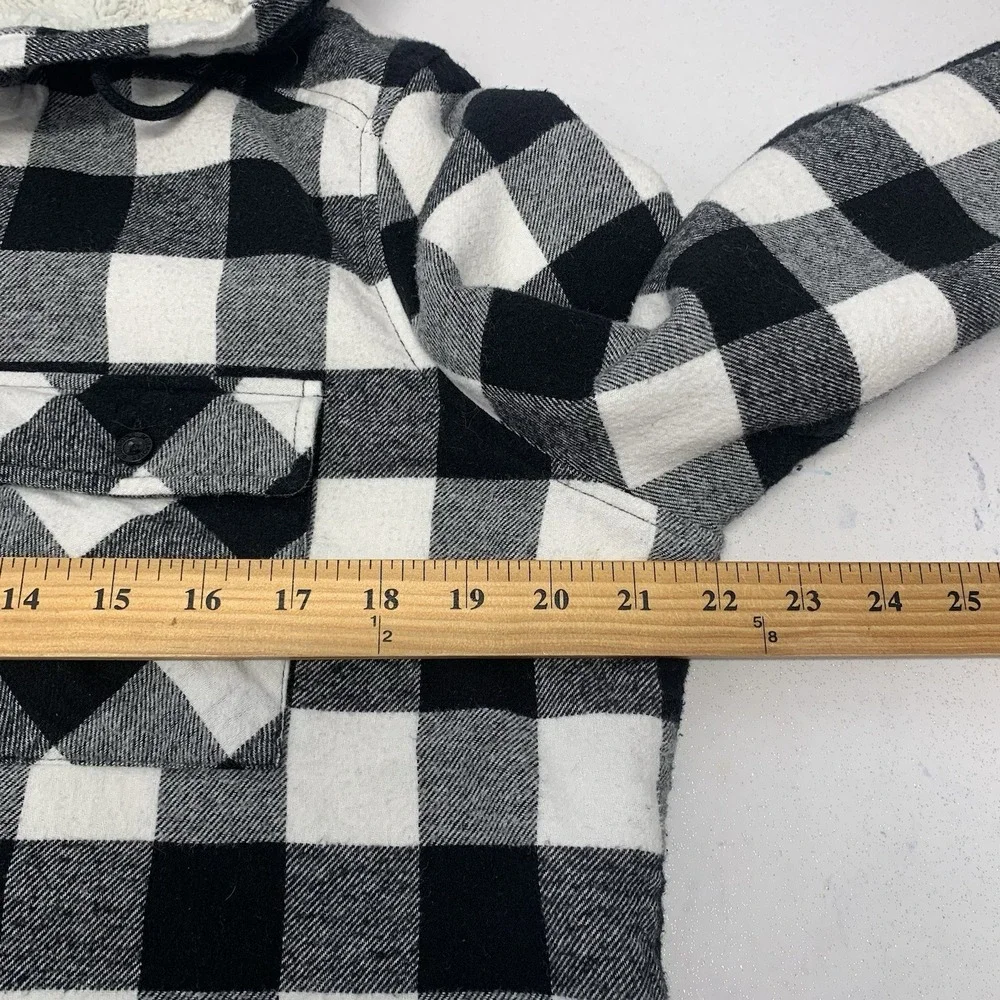Blue Notes Sherpa Lined Buffalo Plaid Boyfriend Shirt Jacket Woman Large Hood - Picture 6 of 9